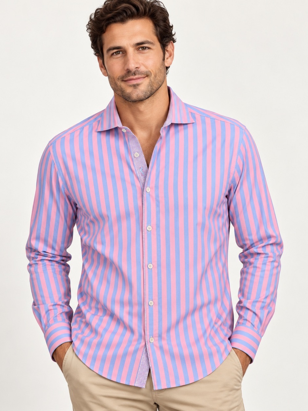 BUGATCHI Men’s Pink Blue Striped Shaped Fit Cotton Button Down Shirt L
